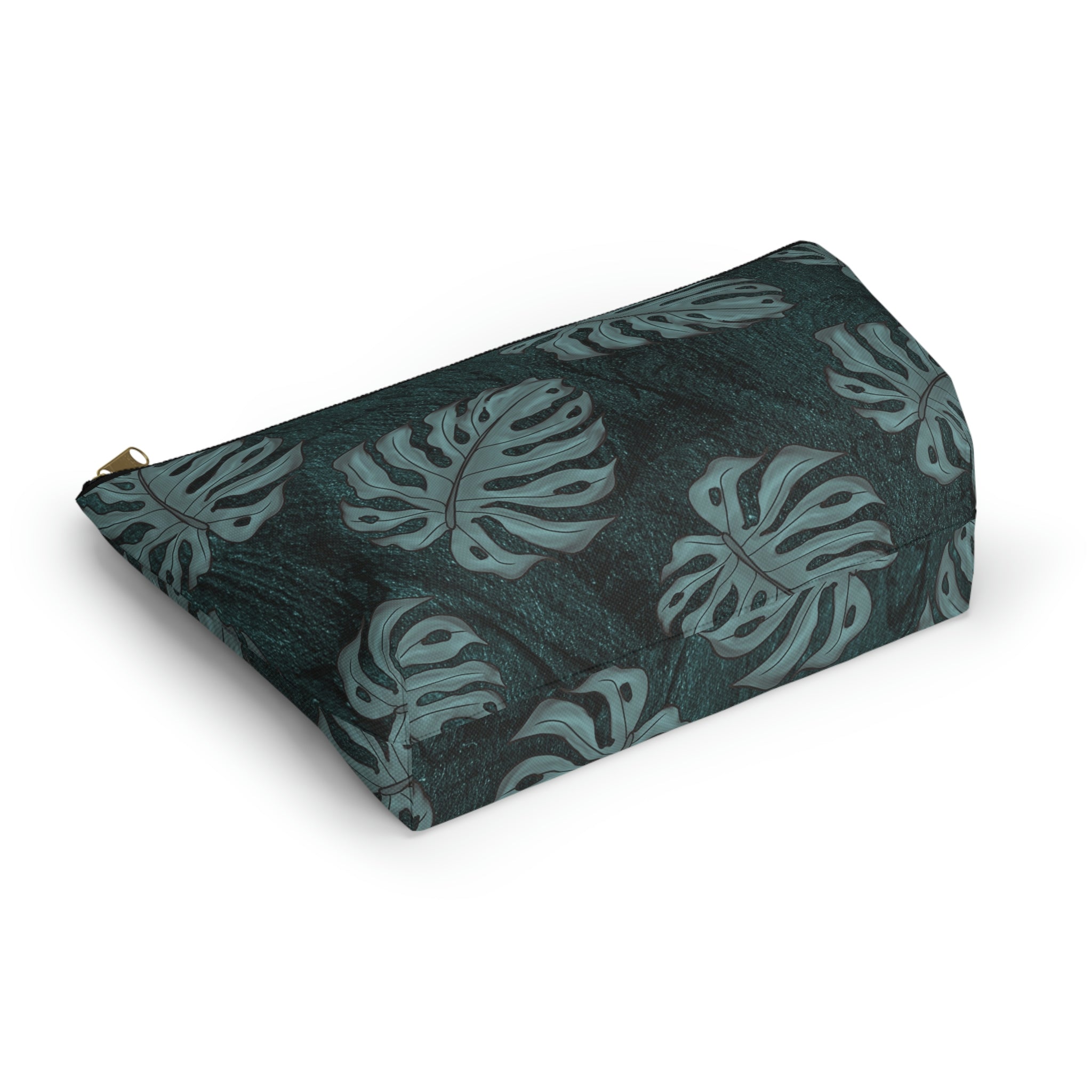 Monstera Teal Watercolor Accessory Pouch w T-bottom