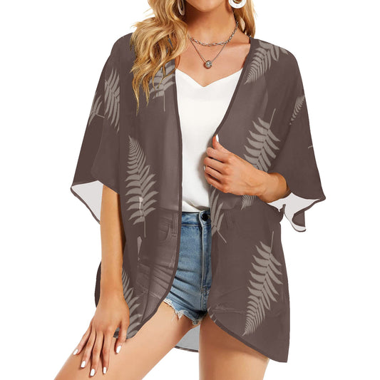 Hawaiian Fern Print Chocolate Women's Kimono Chiffon Cover Up Women's Kimono Chiffon Cover Up