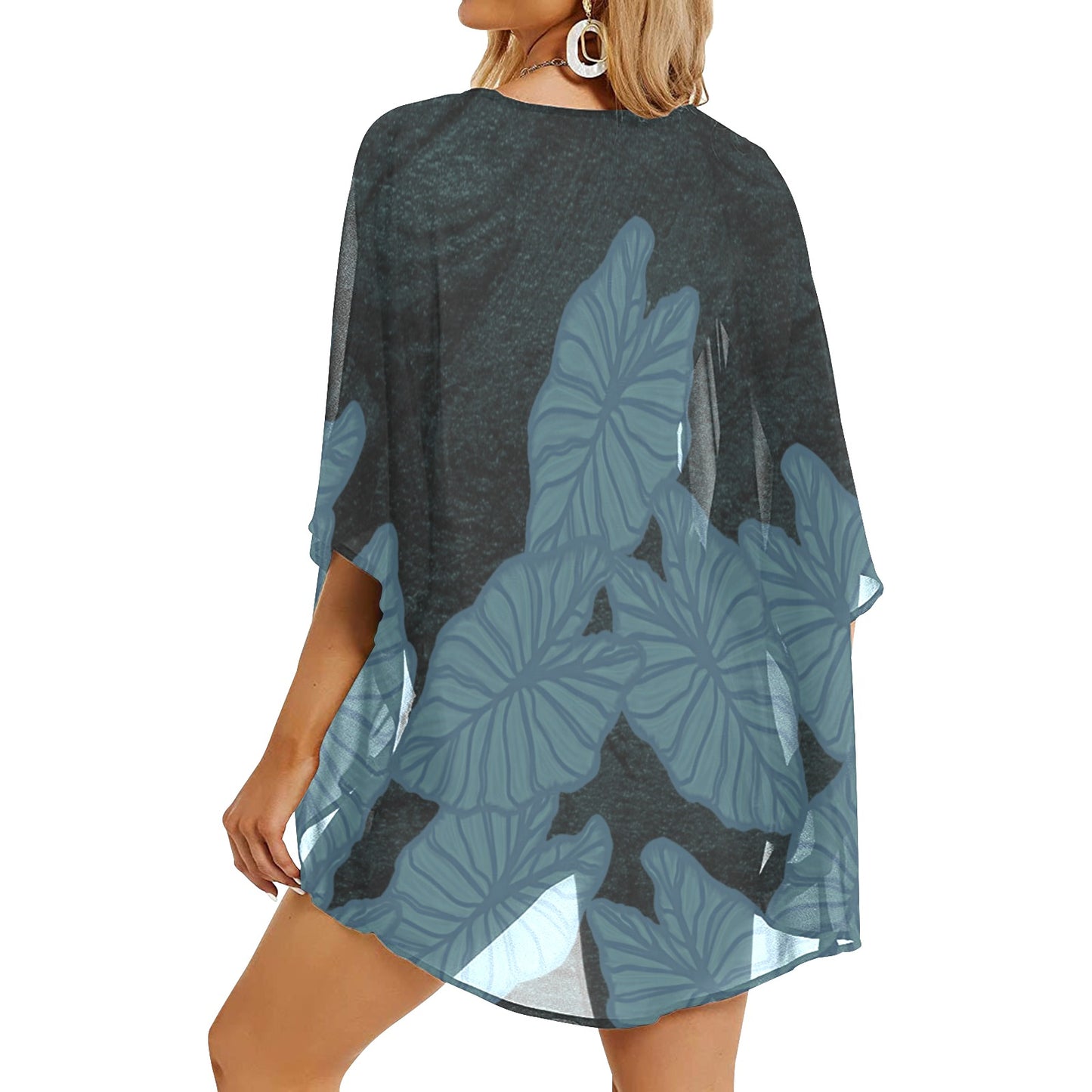 Kalo Taro Hawaiian Print Watercolor Kimono Cover Up - Blue Gray