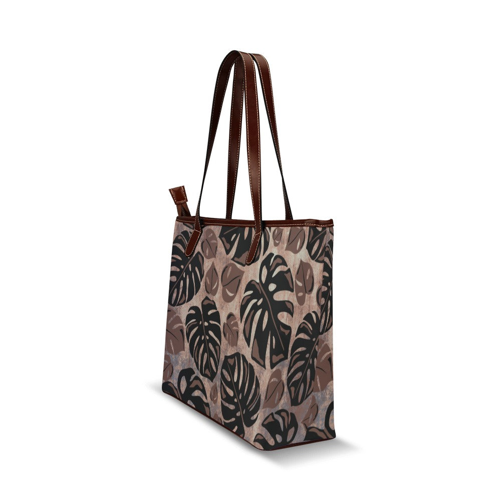 Kalo Taro Neutral Brown and Black Watercolor Brown Handle Shoulder Tote Bag