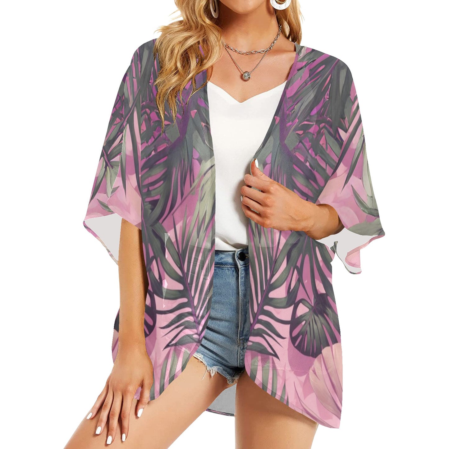 Hawaiian Tropical Print Pink Kimono Chiffon Cover Up