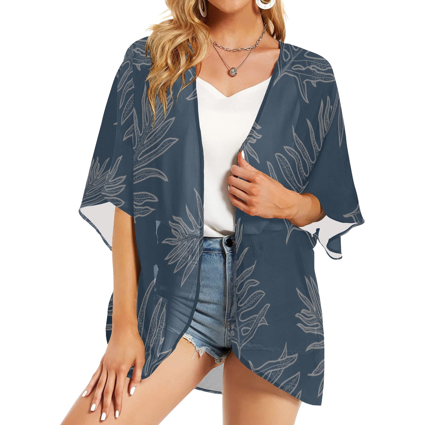 Laua'e Fern Hawaiian Print - Blue, Women's Kimono Chiffon Cover Up Women's Kimono Chiffon Cover Up