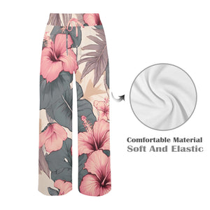 Hibiscus Hawaiian Print Wide Leg Palazzo Style Drawstring Pants