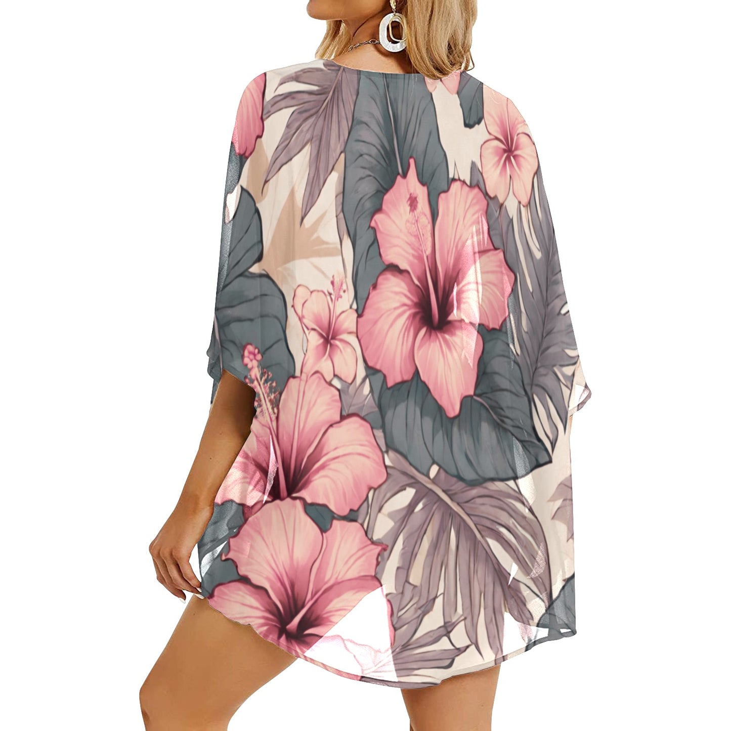 HIbiscus Hawaiian Print Kimono Chiffon Cover Up - Soft Tones