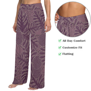 Ulu Breadfruit Hawaiian Print Wide Leg Palazzo Style Drawstring Pants - Purple
