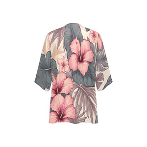 HIbiscus Hawaiian Print Kimono Chiffon Cover Up - Soft Tones