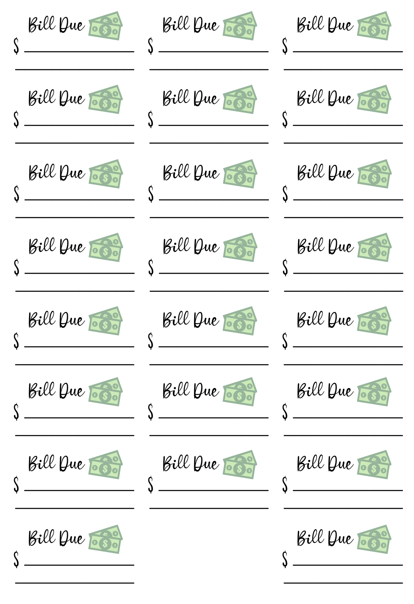 Bill Due Sticker Sheet