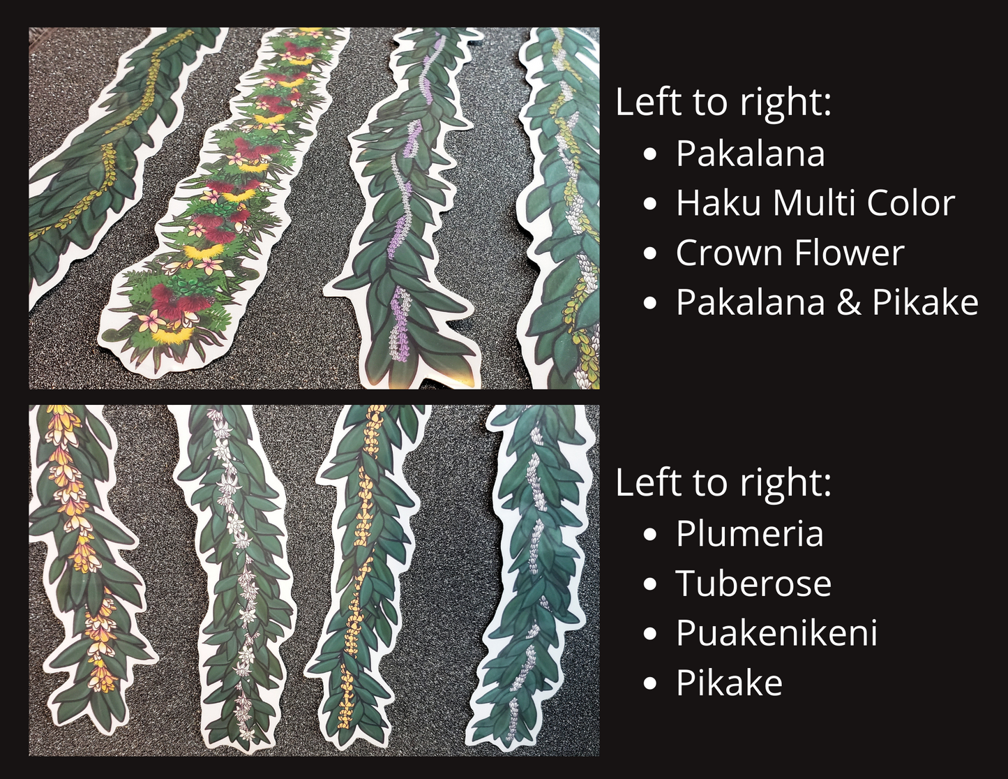 Lei Vinyl Sticker - You Choose:  Pakalana, Haku, Crown flower, Plumeria, Tuberose, Puakenikeni, Pikake - Hand-drawn, illustrated designs.