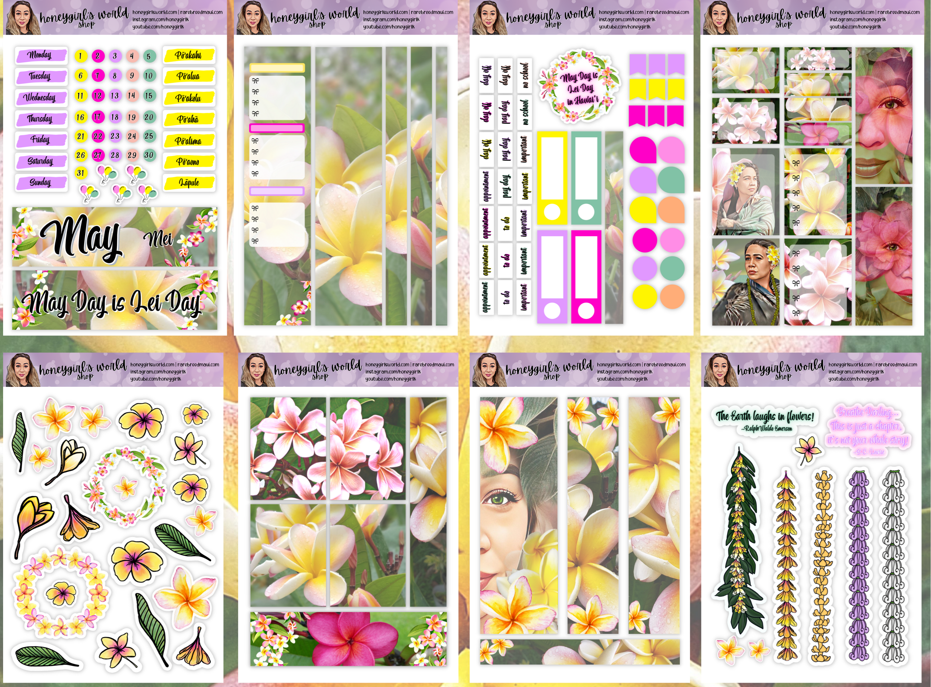 May Monthly Planner Sticker Kit - May Day is Lei Day in Hawaii - 8 Pages Total, for use with Planners & Bullet Journals