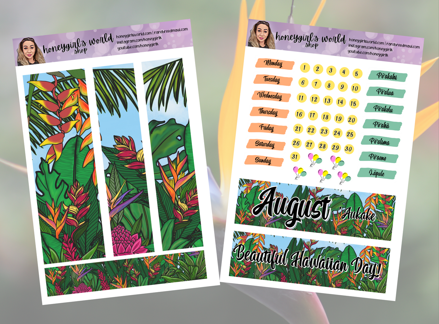 August Monthly Planner Sticker Kit - Beautiful Hawaiian Day - 6 Pages Total