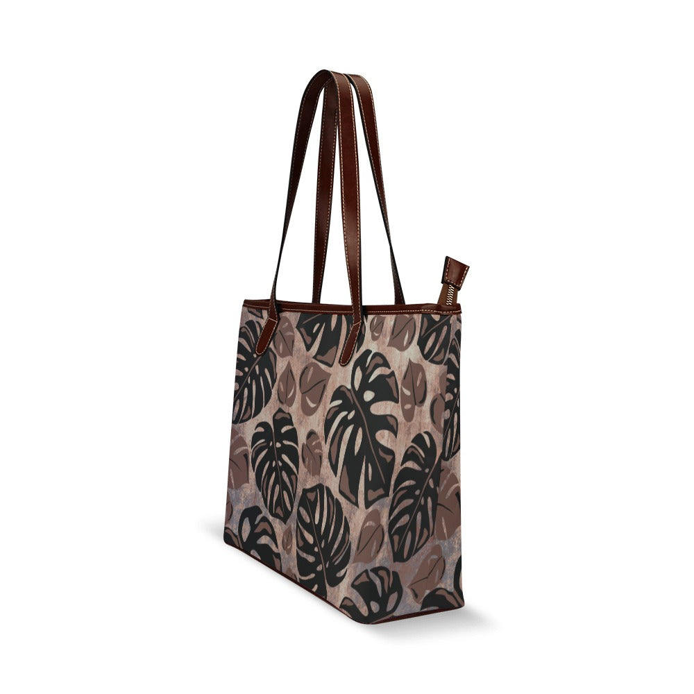 Kalo Taro Neutral Brown and Black Watercolor Brown Handle Shoulder Tote Bag