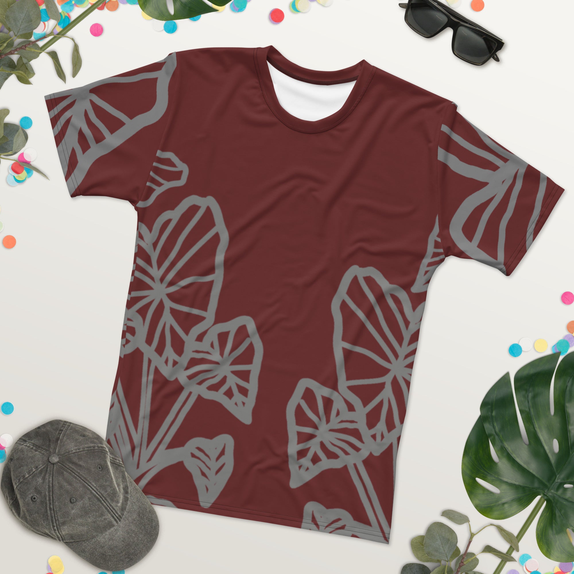 Kalo Taro Hawaiian Print T-Shirt (soft red and gray)