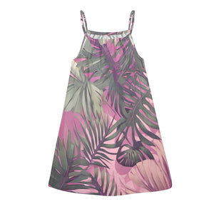 Hawaiian Tropical Print Pink Women's Drawstring Neck Sleeveless Dress