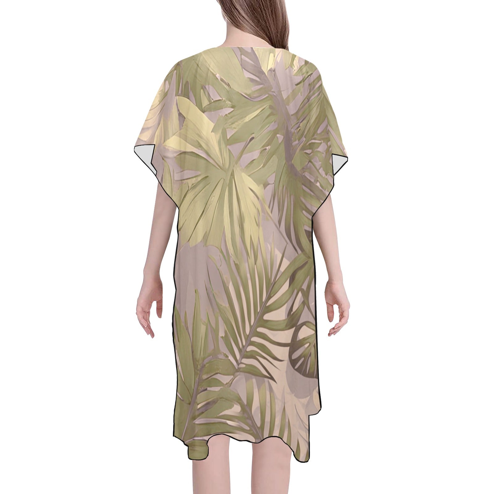 Hawaiian Tropical Print Soft Tones Mid Length Kimono Chiffon Cover Up with Side Slits