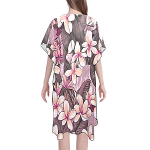 Plumeria Hawaiian Print Mid Length Kimono Chiffon Cover Up with Side Slits - Pink