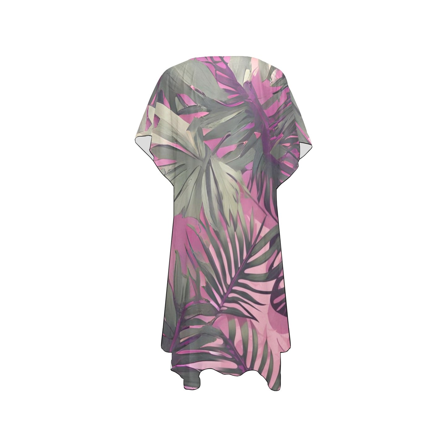 Hawaiian Tropical Print Pink Mid Length Kimono Chiffon Cover Up with Side Slits