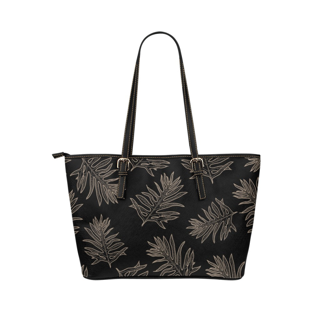 Laua'e Fern Hawaiian Print - Black & Taupe Faux Leather Tote Bag Large