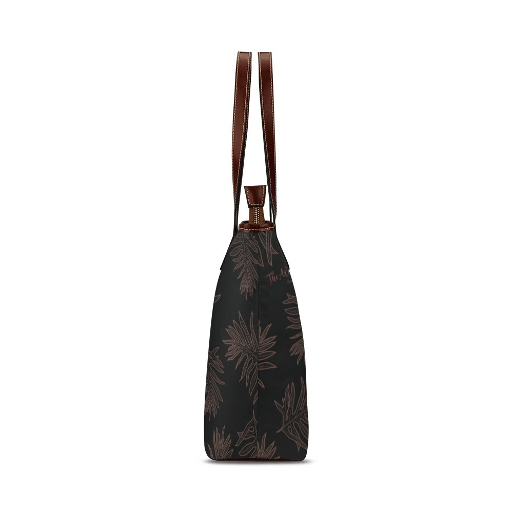 Laua'e Fern Hawaiian Print - Black and Brown Tote Bag with Brown Handles Aloha Dynasty Shoulder Tote Bag (Model 1646)