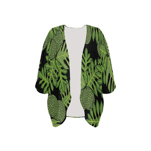 Ulu Breadfruit Hawaiian Print Kimono Cover Up - Black and Green {Chiffon Cover Up}