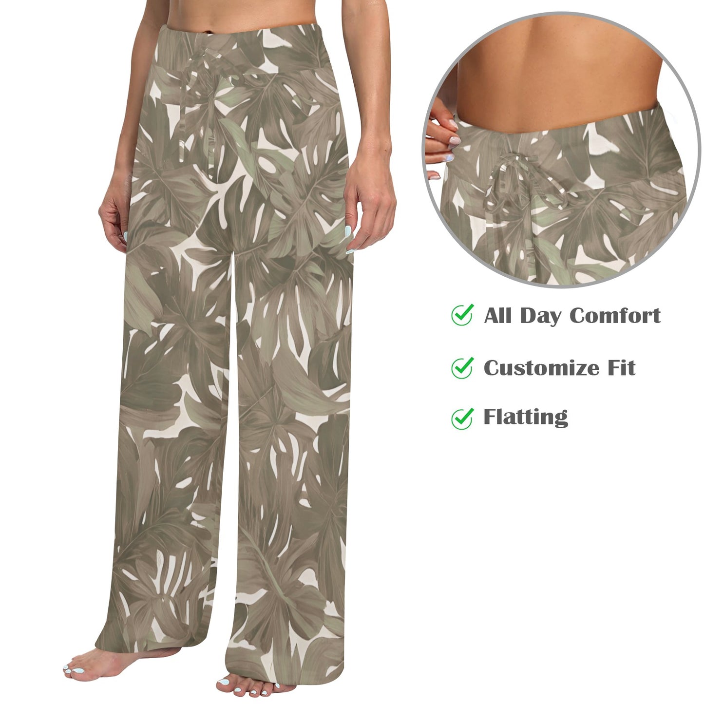 Monstera Neutral Hawaiian Print Wide Leg Palazzo Style Drawstring Pants