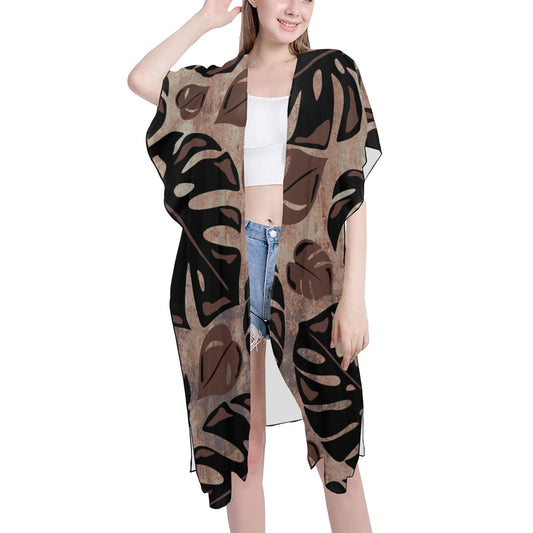 Monstera Neutral Watercolor Cover Up with Slits Mid-Length Side Slits Chiffon Cover Up