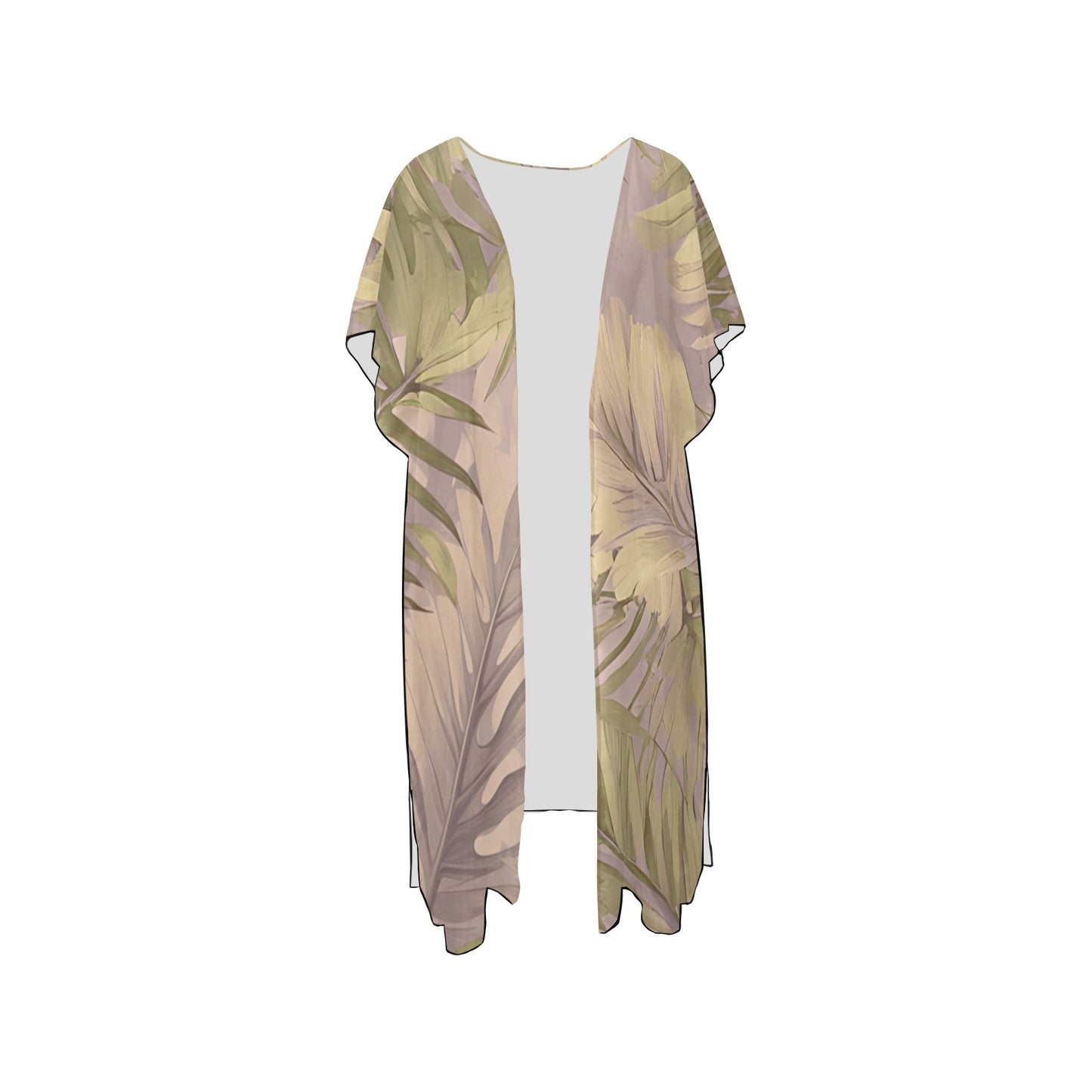 Hawaiian Tropical Print Soft Tones Mid Length Kimono Chiffon Cover Up with Side Slits