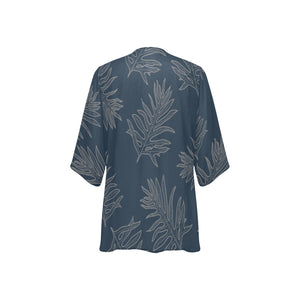 Laua'e Fern Hawaiian Print - Blue, Women's Kimono Chiffon Cover Up Women's Kimono Chiffon Cover Up