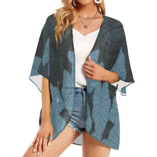 Kalo Taro Hawaiian Print Watercolor Kimono Cover Up - Blue Gray