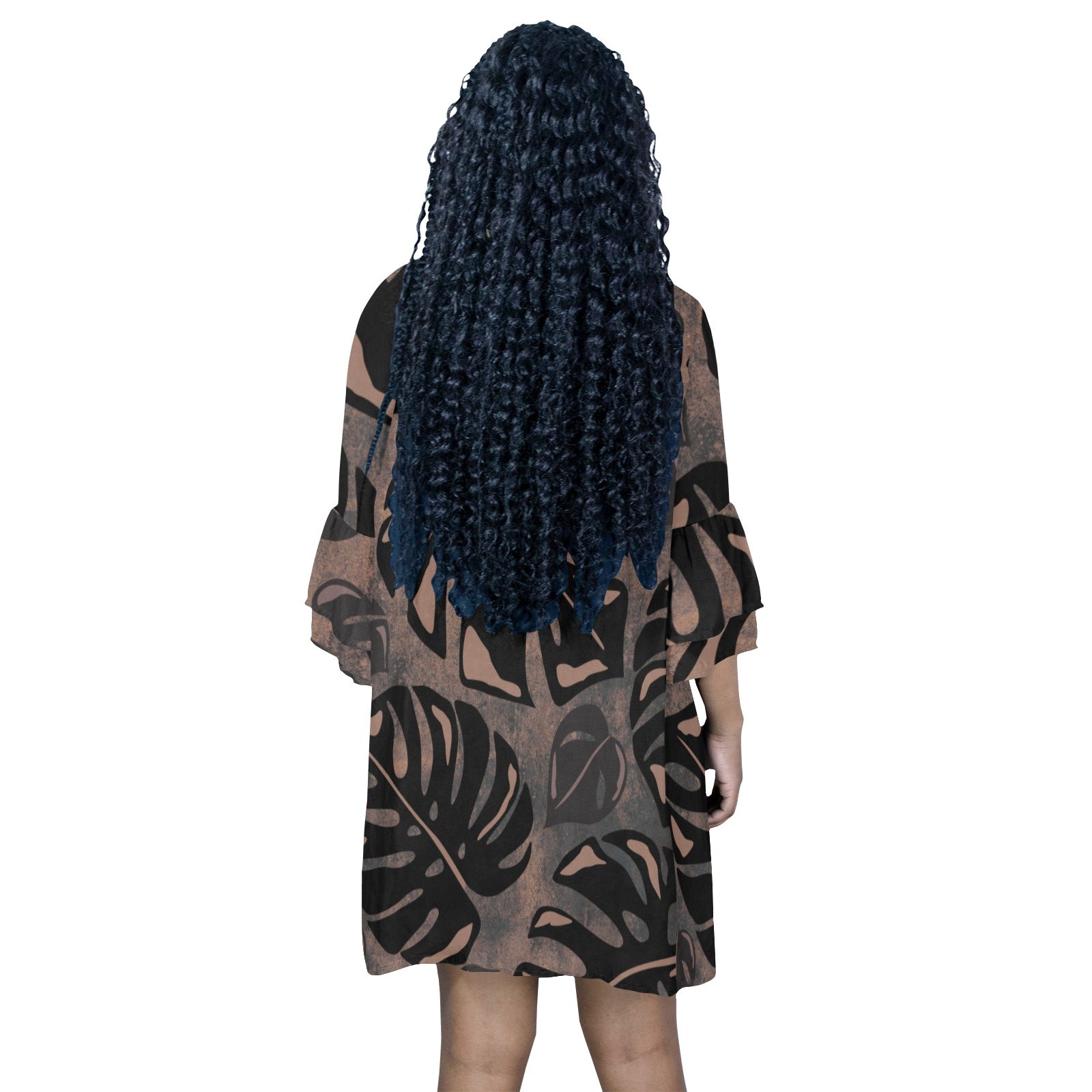 Kalo Taro Neutral Brown and Black Watercolor Half Sleeve Dress Half Sleeves V-Neck Mini Dress