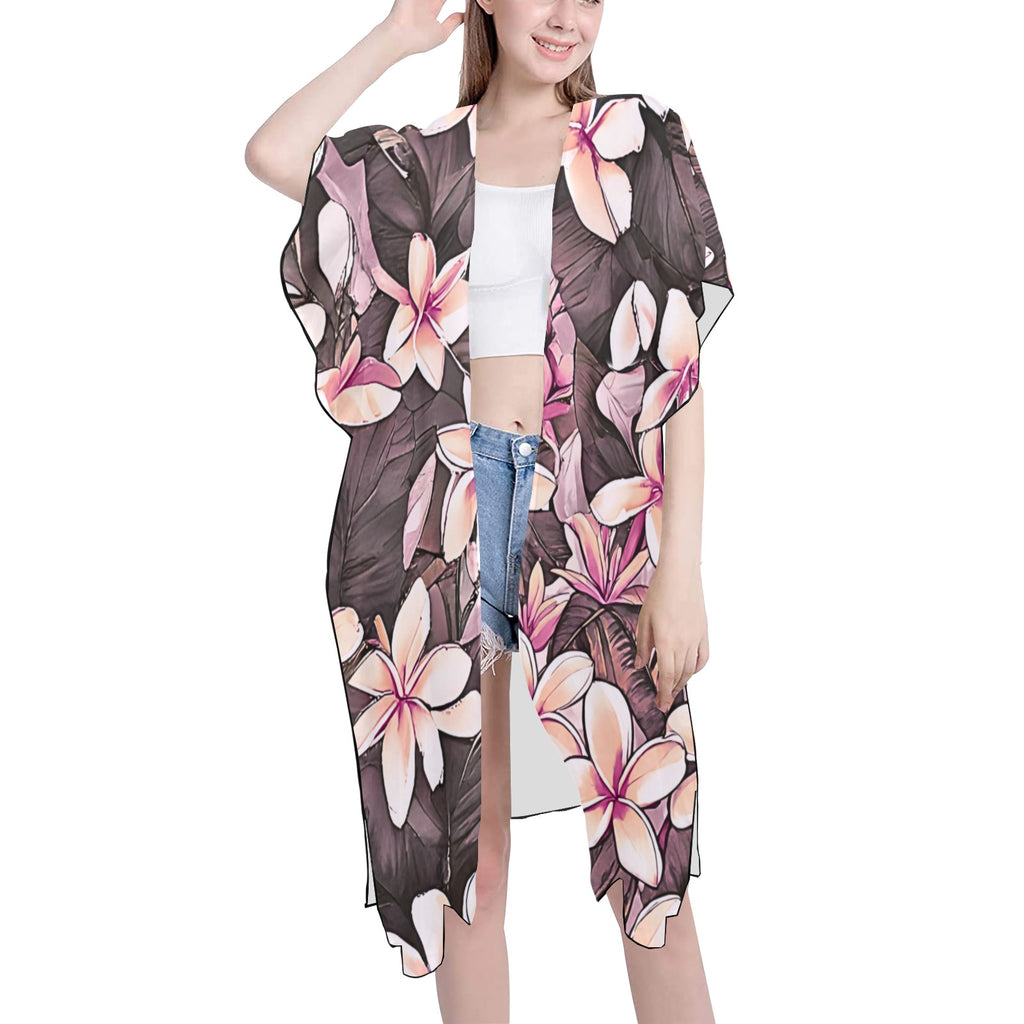 Plumeria Hawaiian Print Mid Length Kimono Chiffon Cover Up with Side Slits - Pink