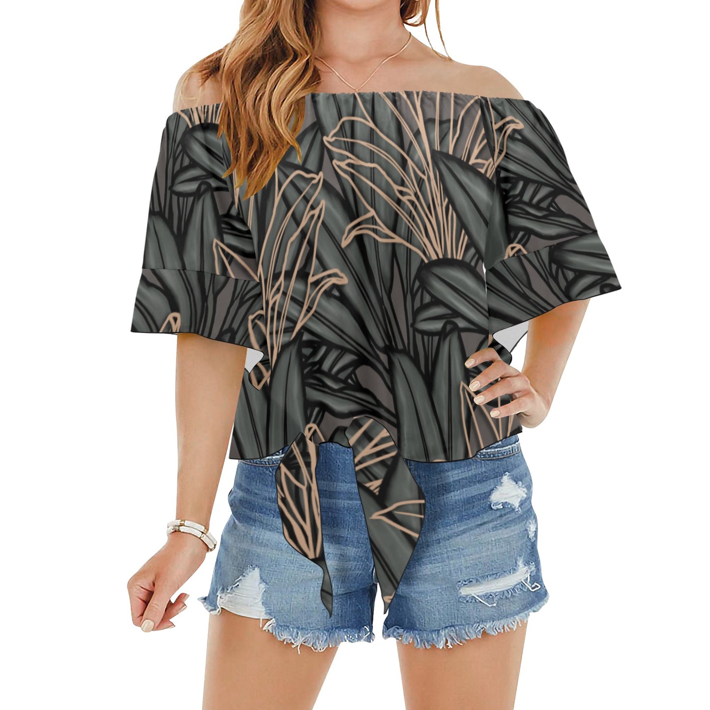 La'i Ti-Leaf Hawaiian Print Design Off Shoulder Knot Front Blouse Off Shoulder Knot Front Blouse