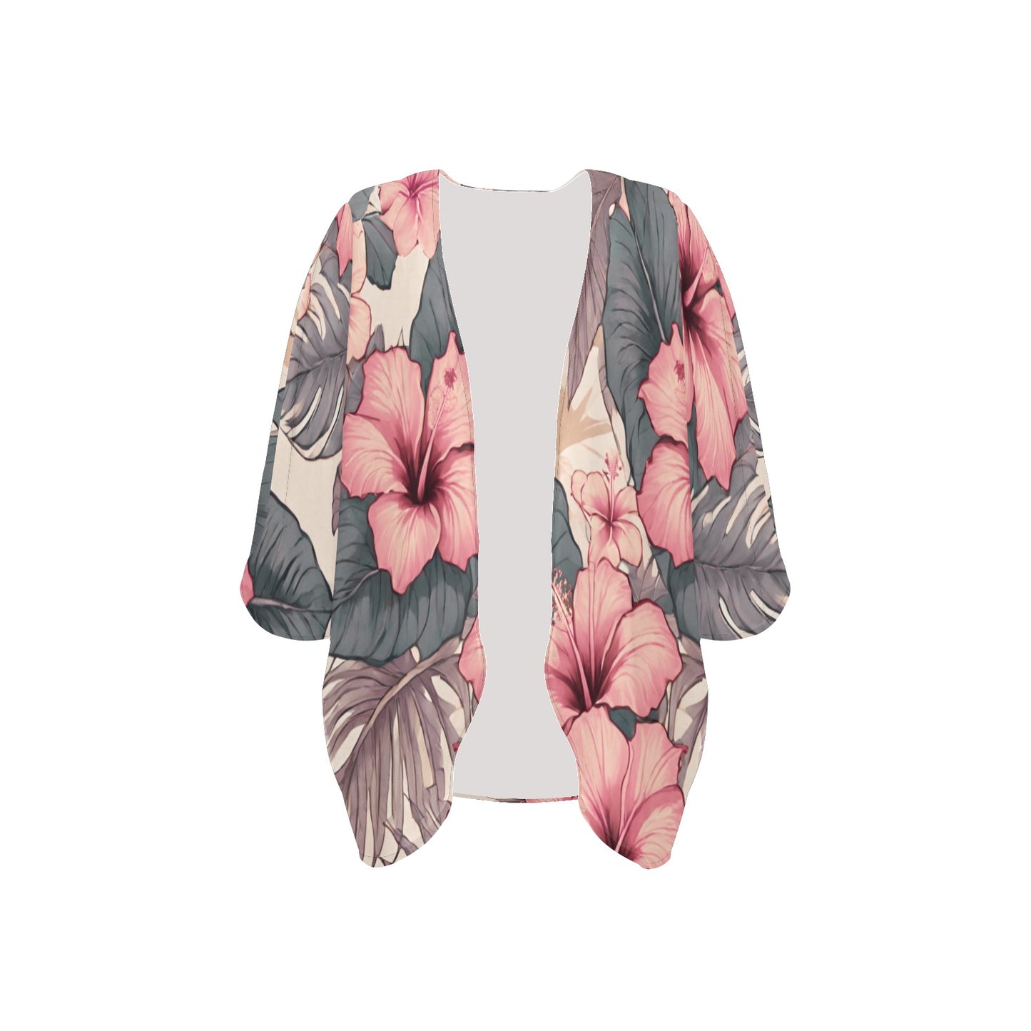 HIbiscus Hawaiian Print Kimono Chiffon Cover Up - Soft Tones