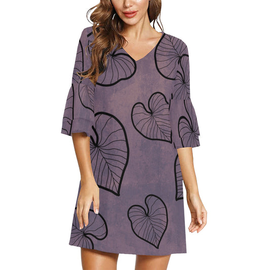 Kalo Taro Lavender Watercolor Hawaiian Print Dress Half Sleeves V-Neck Mini Dress