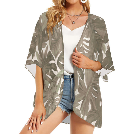 Monstera Tropical Hawaiian Print Kimono Cover Up - Neutral