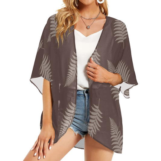 Hawaiian Fern Print Taupe Women's Kimono Chiffon Cover Up Women's Kimono Chiffon Cover Up