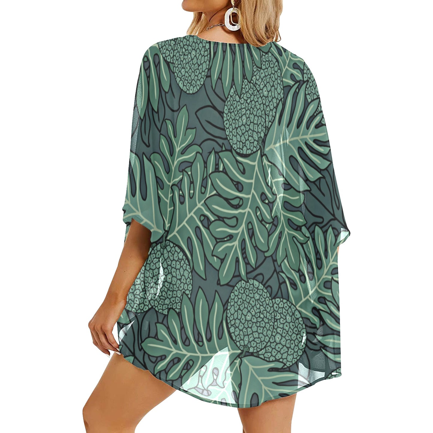 Ulu Breadfruit Hawaiian Print Kimono Cover Up - Teal (Chiffon Cover Up)