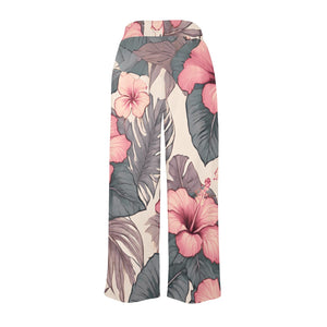 Hibiscus Hawaiian Print Wide Leg Palazzo Style Drawstring Pants