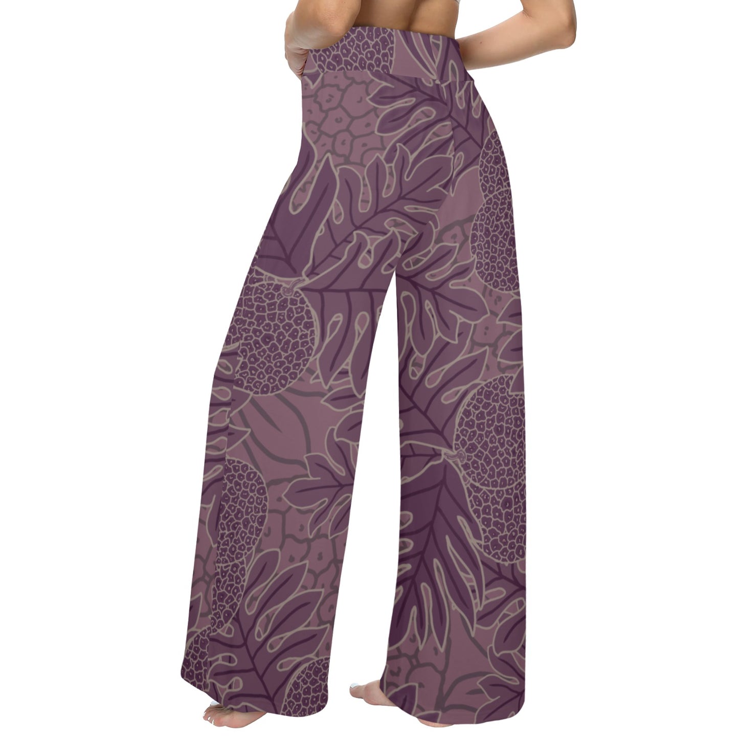 Ulu Breadfruit Hawaiian Print Wide Leg Palazzo Style Drawstring Pants - Purple