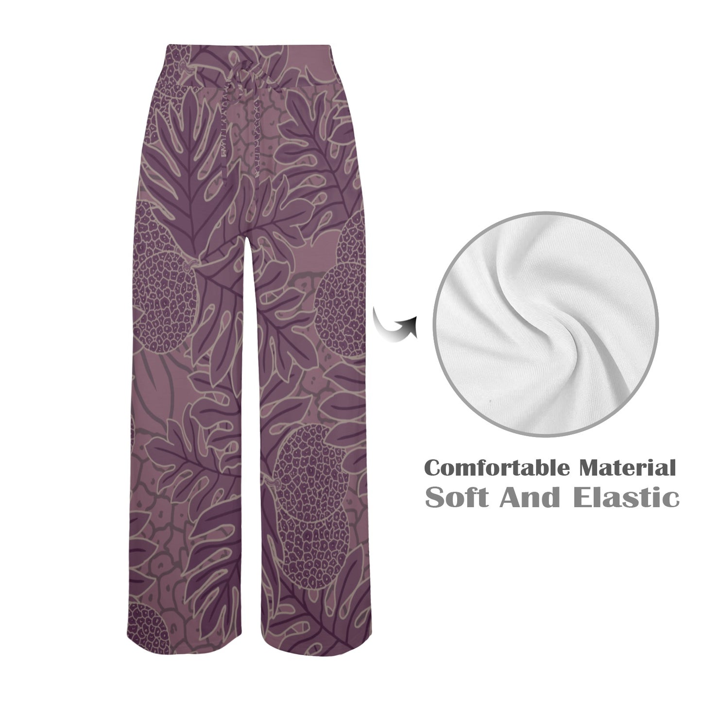 Ulu Breadfruit Hawaiian Print Wide Leg Palazzo Style Drawstring Pants - Purple