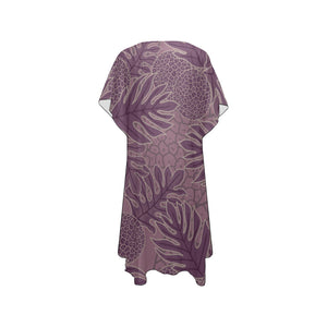 Ulu Breadfruit Hawaiian Print Purple Mid Length Kimono Chiffon Cover Up with Side Slits