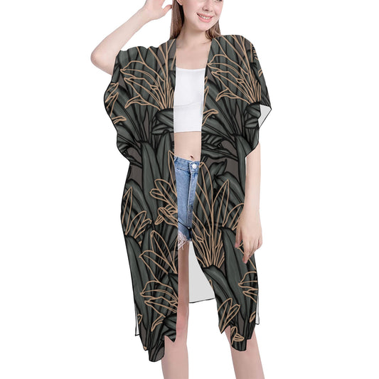 La'i Design Mid Length Side Slit Kimono Coverup Mid-Length Side Slits Chiffon Cover Up