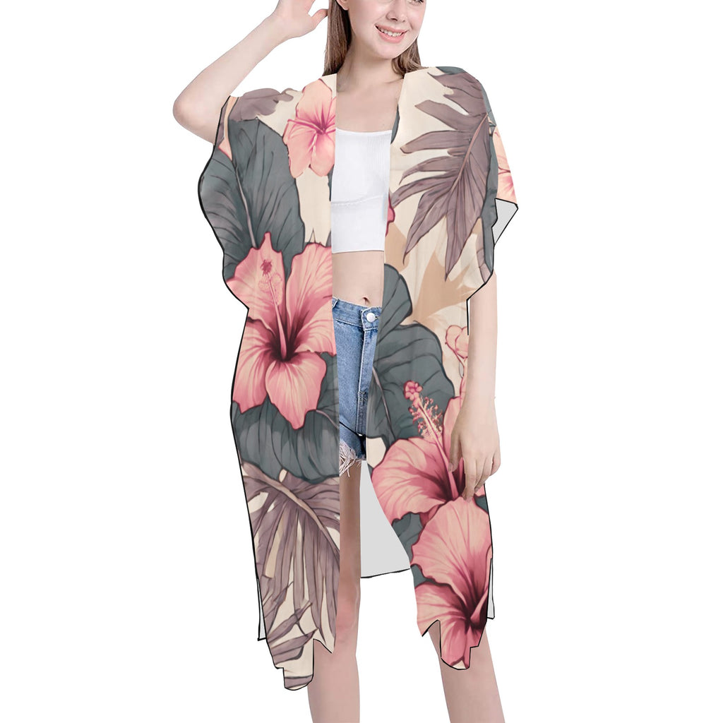 Hibiscus Hawaiian Print Mid Length Kimono Chiffon Cover Up with Side Slits