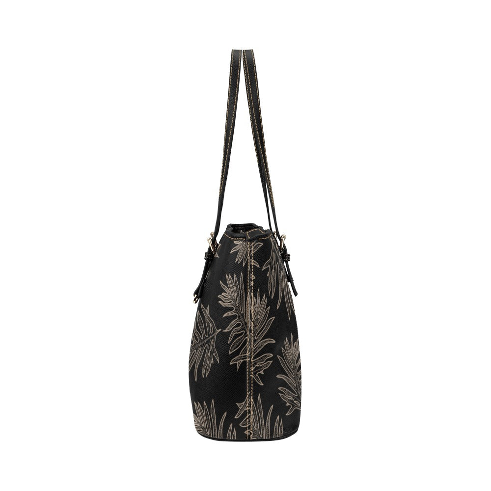 Laua'e Fern Hawaiian Print - Black & Taupe Faux Leather Tote Bag Large