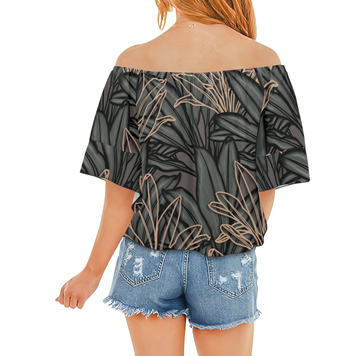 La'i Ti-Leaf Hawaiian Print Design Off Shoulder Knot Front Blouse Off Shoulder Knot Front Blouse