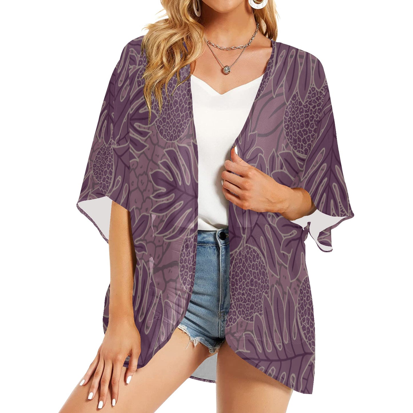 Ulu Breadfruit Hawaiian Print Purple Kimono Chiffon Cover Up