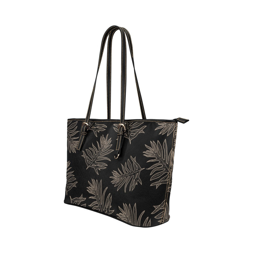 Laua'e Fern Hawaiian Print - Black & Taupe Faux Leather Tote Bag Large