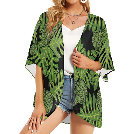 Ulu Breadfruit Hawaiian Print Kimono Cover Up - Black and Green {Chiffon Cover Up}