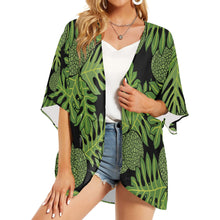 Load image into Gallery viewer, Ulu Breadfruit Hawaiian Print Kimono Cover Up - Black and Green {Chiffon Cover Up}