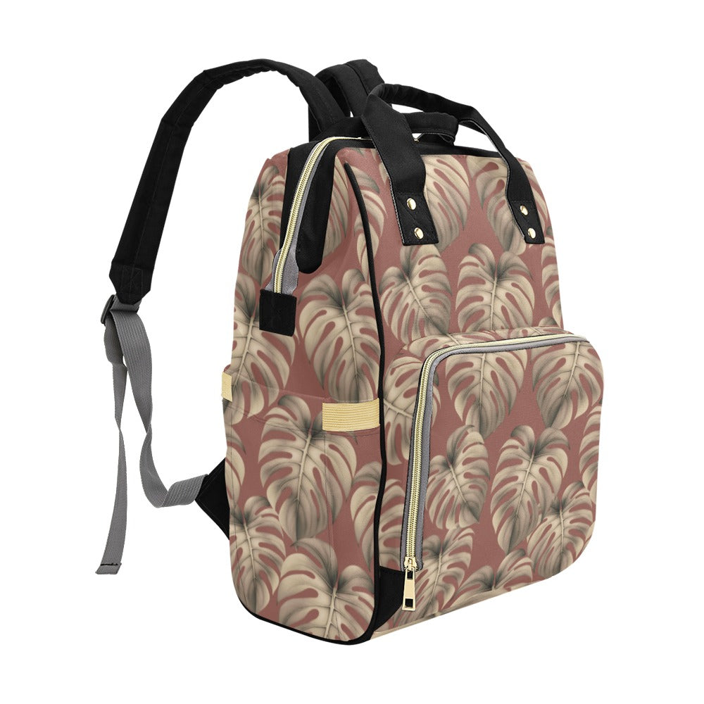 Mauve Monstera Hawaiian Print Multi Function Backpack