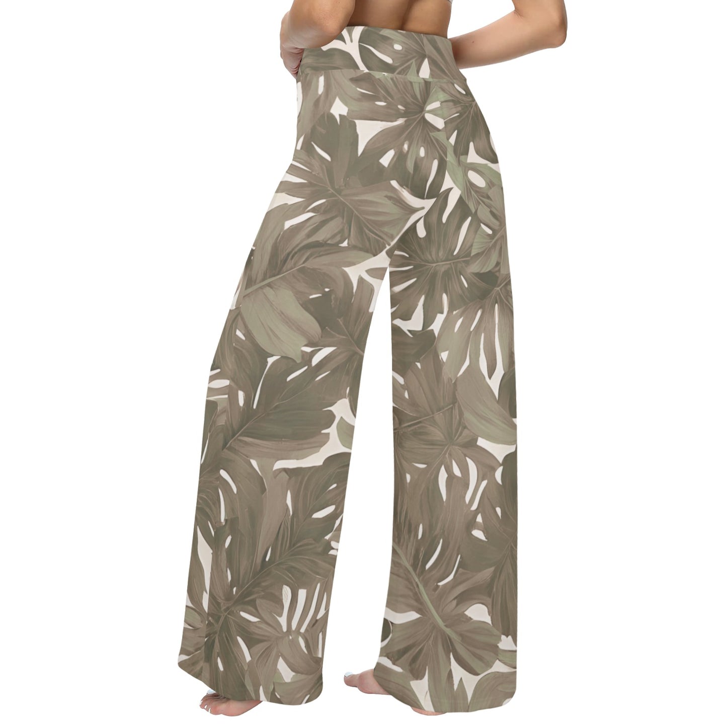 Monstera Neutral Hawaiian Print Wide Leg Palazzo Style Drawstring Pants